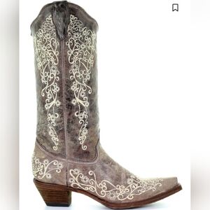 Corral Boots  Bone Leather Floral Embroidered Western Cowboy Snip Toe Sz 5